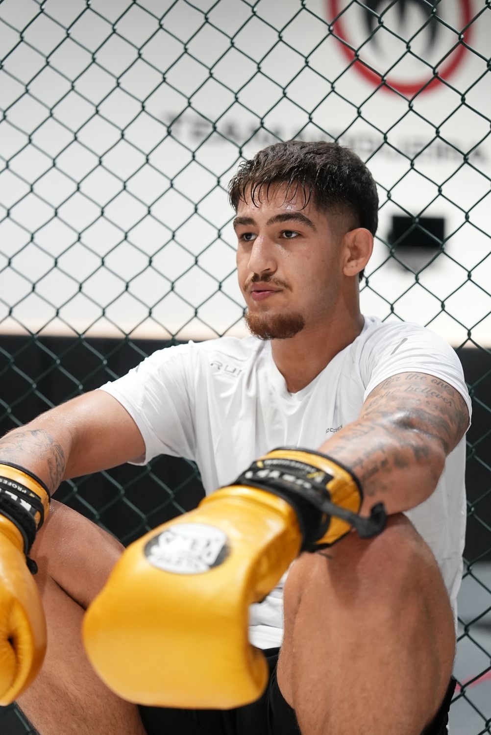 MMA fighter resting cage-side with his gloves on